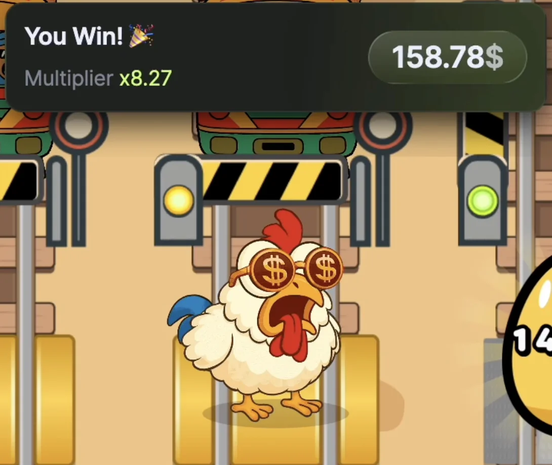Chicken Train big win multiplier payout screen showing a large cash-out with bonus active