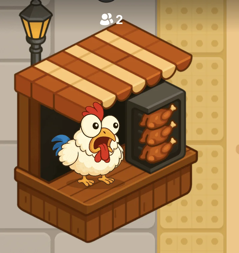 Chicken Train character standing at a wooden station booth with lantern, showing 2 active players