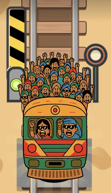 Chicken Train gameplay showing a crowded train arriving on the tracks
