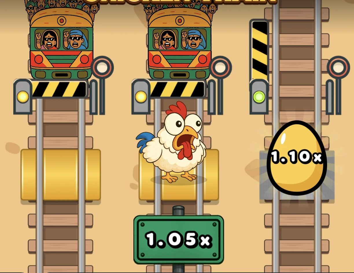 Chicken Train gameplay showing chicken between two approaching trains with 1.05x and 1.10x multiplier eggs