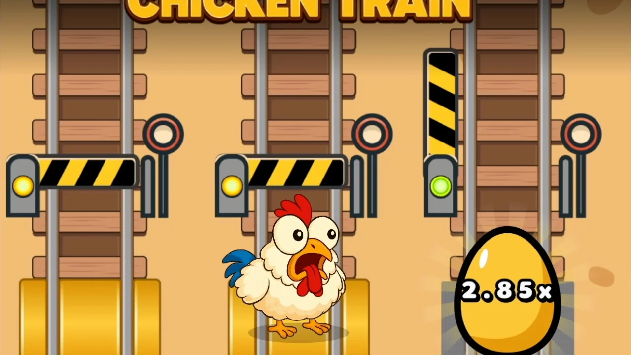 Chicken Train gameplay showing chicken crossing railway rails with active multiplier display