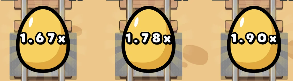Three golden eggs showing different multipliers: 1.67x, 1.78x, and 1.90x on parallel railway tracks