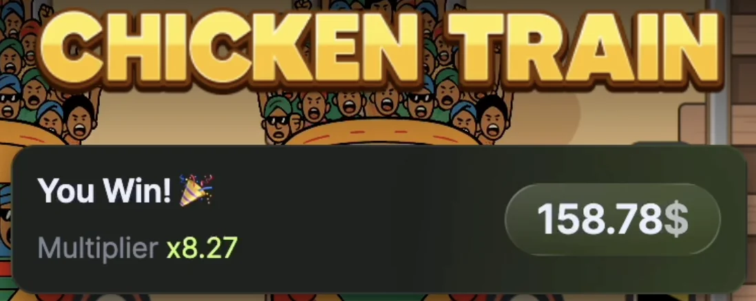 Chicken Train you win screen showing 8.27x multiplier payout